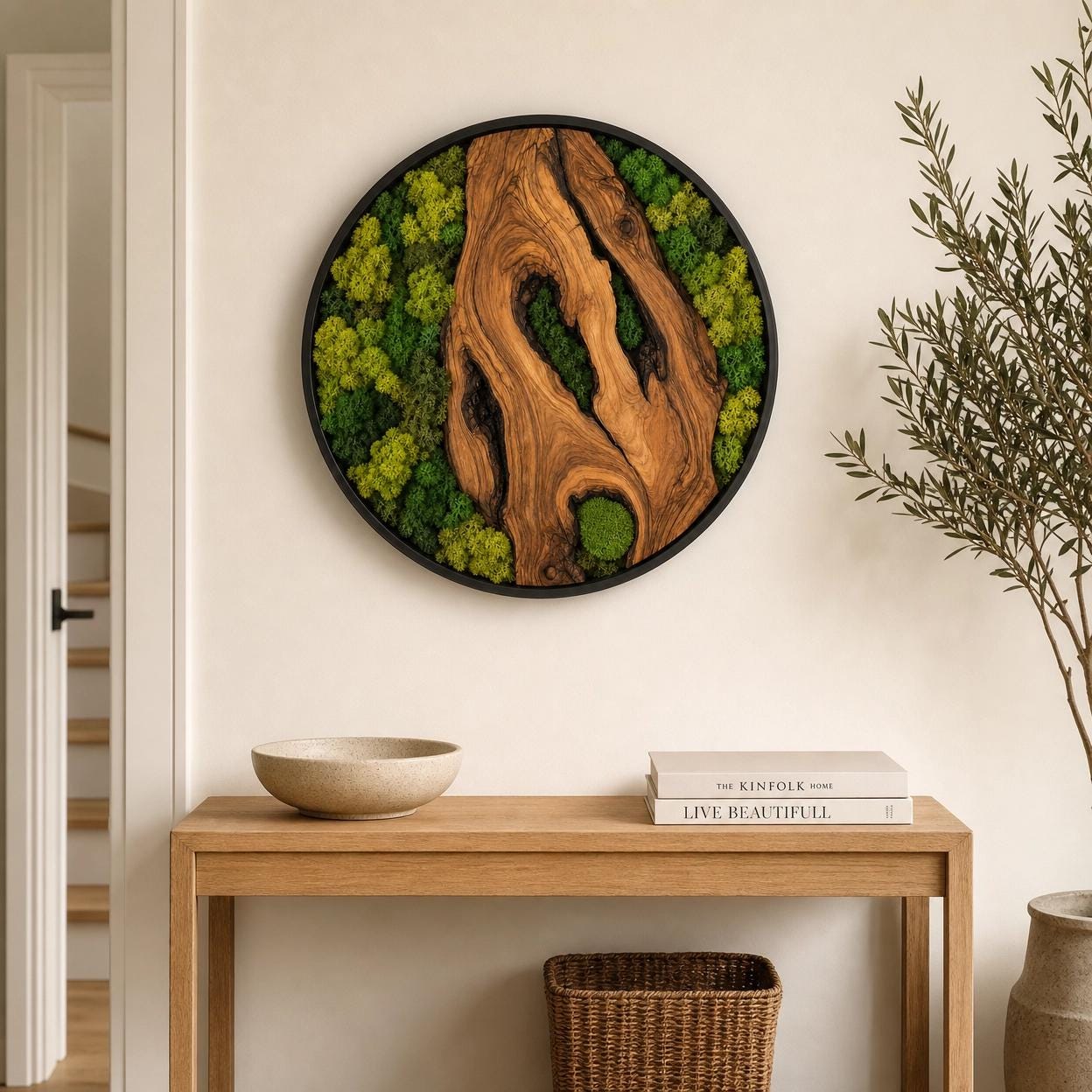 Olive Wood Moss Wall Art – Handmade Round Preserved Moss & Olive Wood Slice Decor | Living Wall Art
