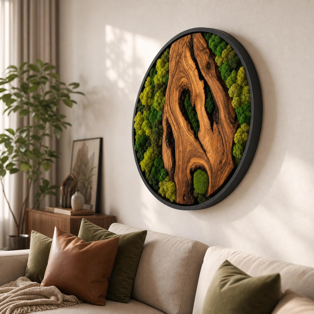 Olive Wood Moss Wall Art – Handmade Round Preserved Moss & Olive Wood Slice Decor | Living Wall Art