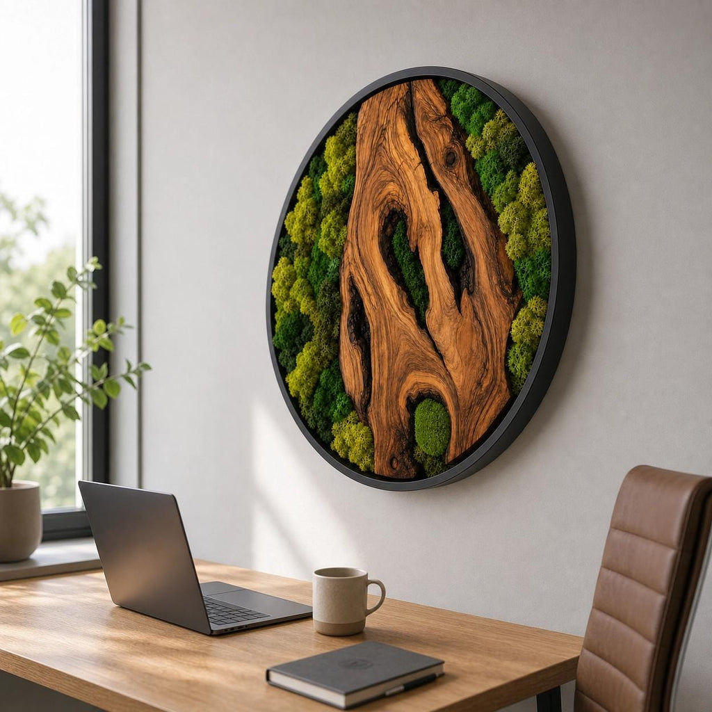 Olive Wood Moss Wall Art – Handmade Round Preserved Moss & Olive Wood Slice Decor | Living Wall Art