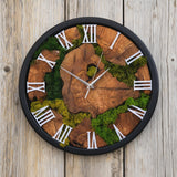 Round wall clock with a natural wood slice centre surrounded by preserved green moss