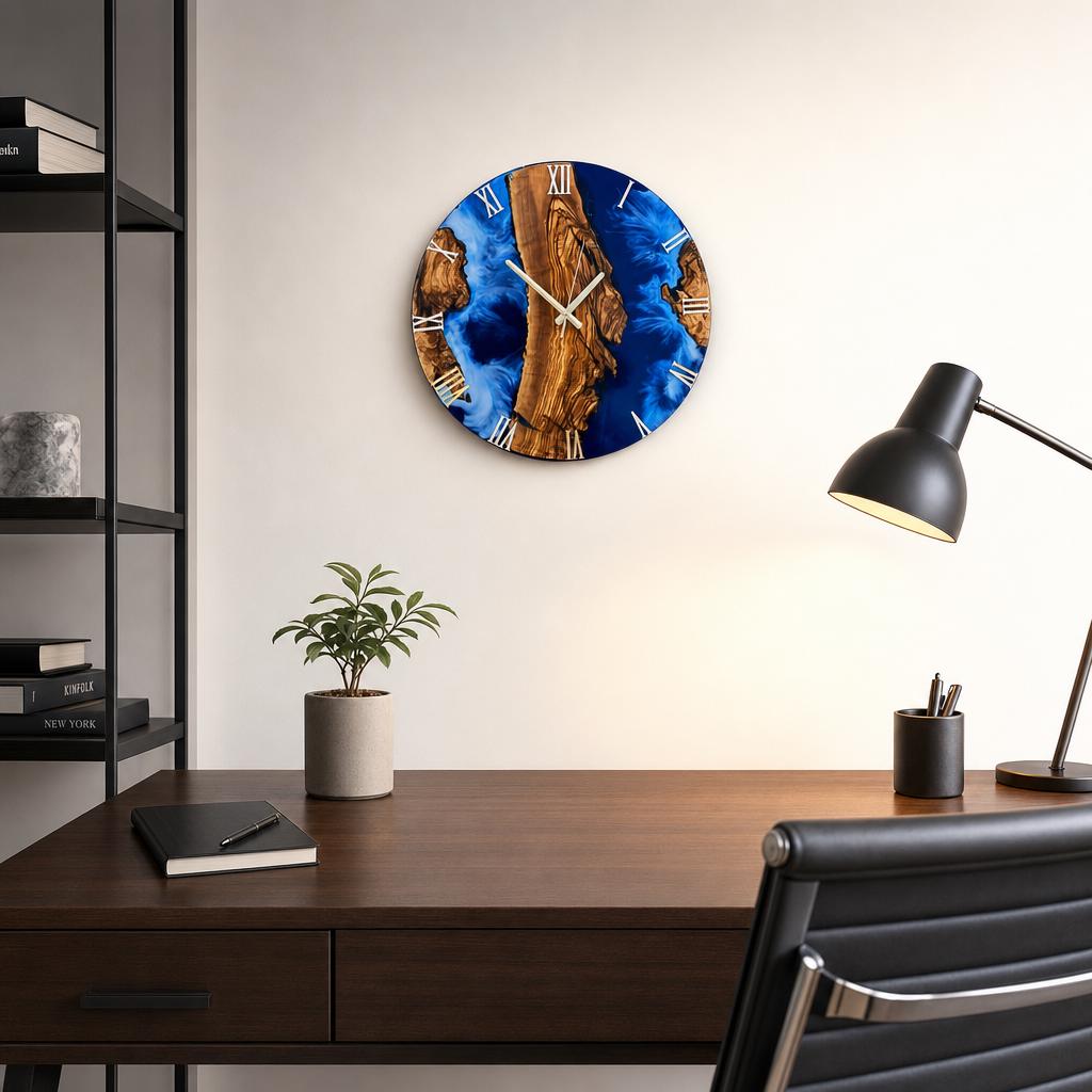 Live edge olive wood resin clock with deep blue epoxy ocean art in a modern coastal living room
