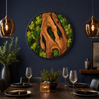 Olive Wood Moss Wall Art – Handmade Round Preserved Moss & Olive Wood Slice Decor | Living Wall Art