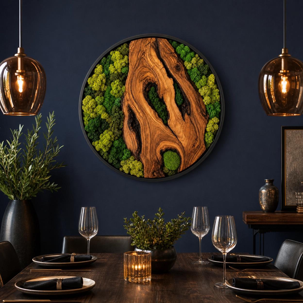 Olive Wood Moss Wall Art – Handmade Round Preserved Moss & Olive Wood Slice Decor | Living Wall Art