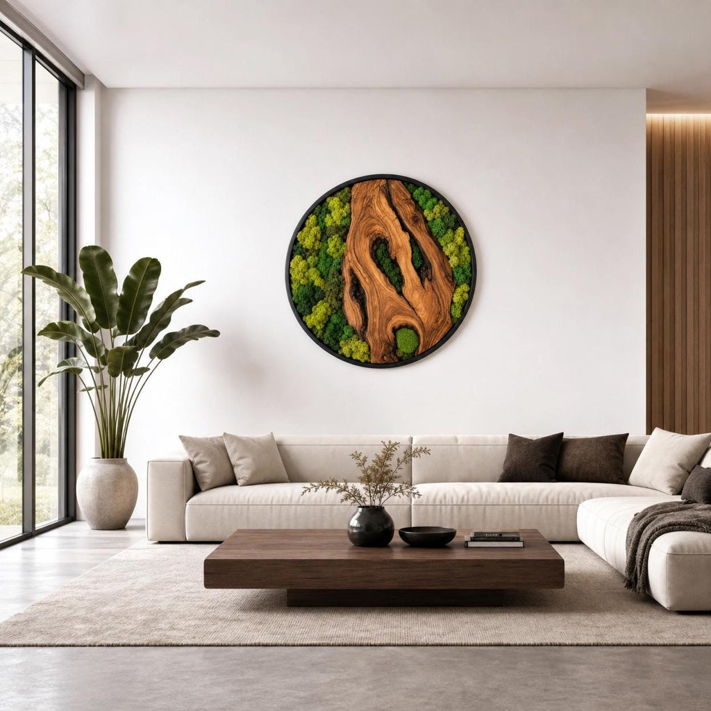 Olive Wood Moss Wall Art – Handmade Round Preserved Moss & Olive Wood Slice Decor | Living Wall Art