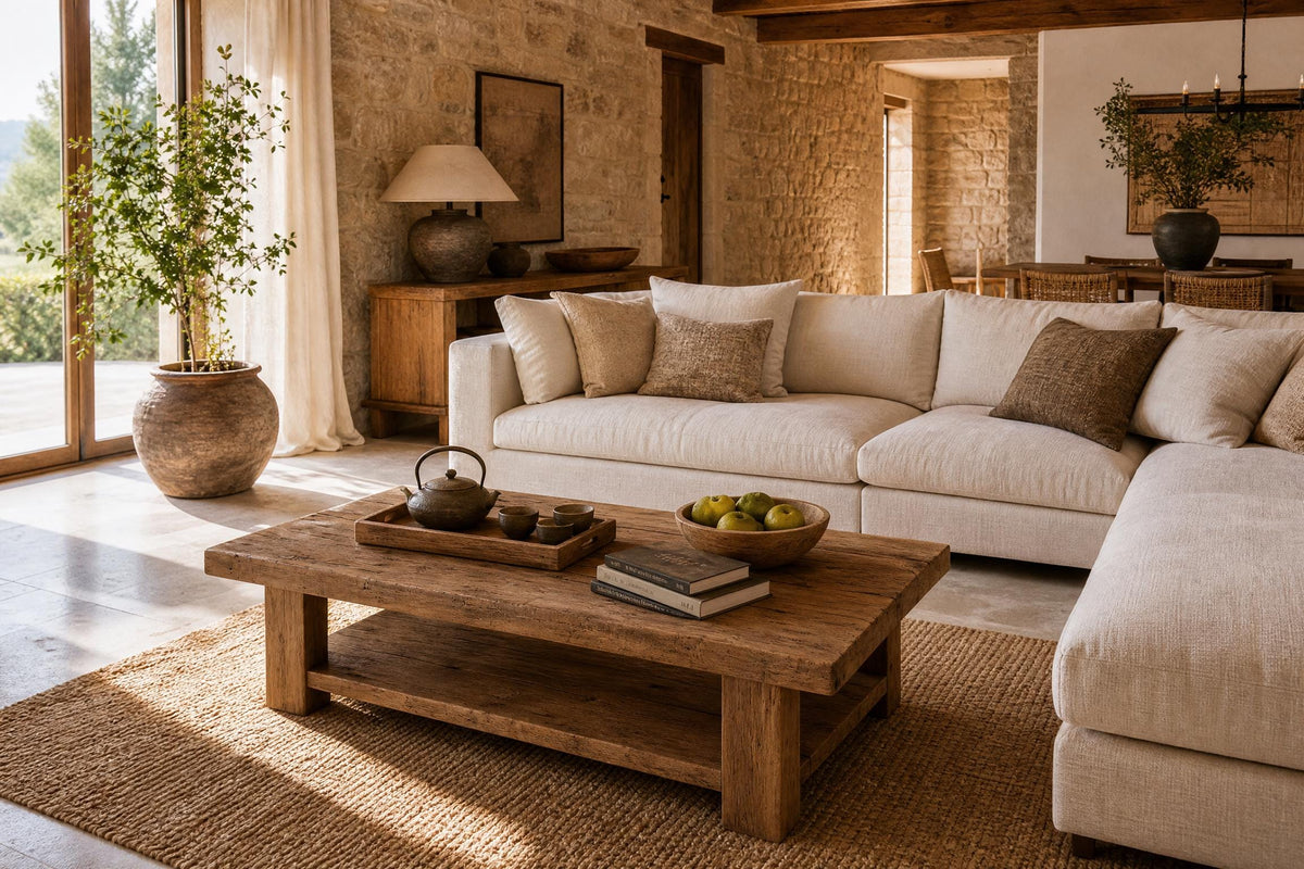 Low cedar table beside a linen sofa with books and a tray