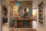 Reclaimed wood console styled as a radiator cover in a bright hallway