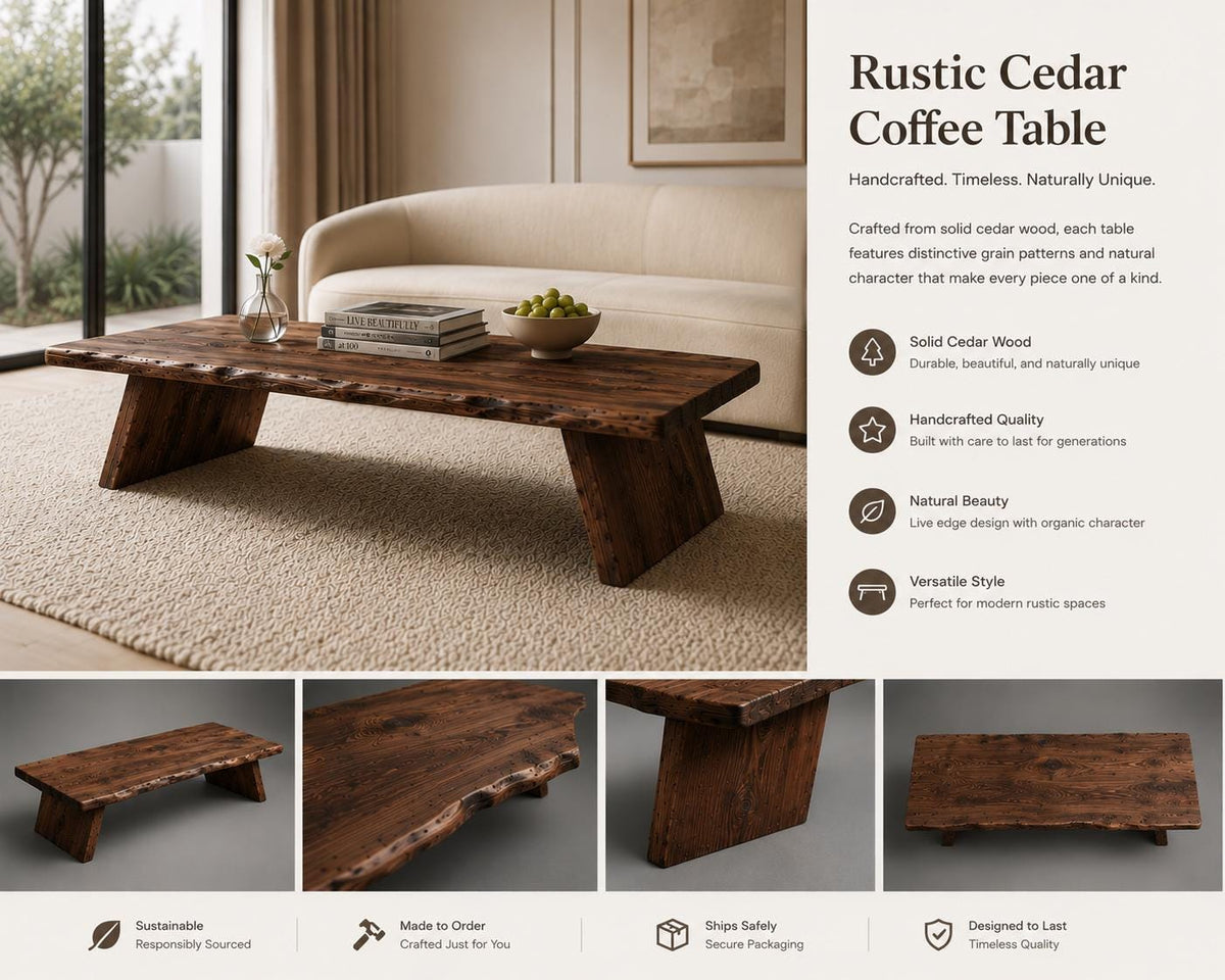Live edge coffee table in a Scandinavian-inspired living room with neutral tones