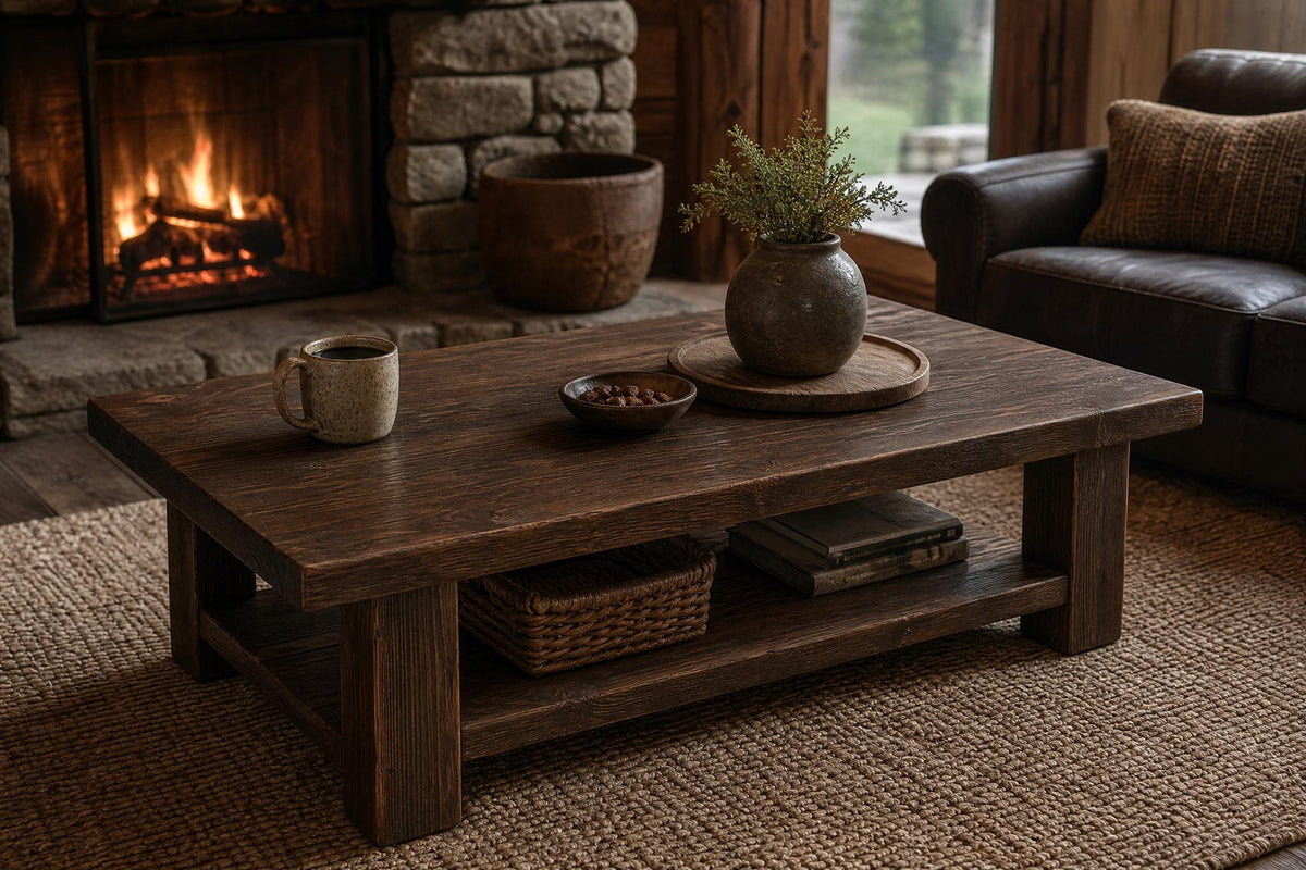 Cedar coffee table styled with candles and greenery
