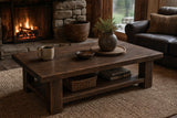 Cedar coffee table styled with candles and greenery