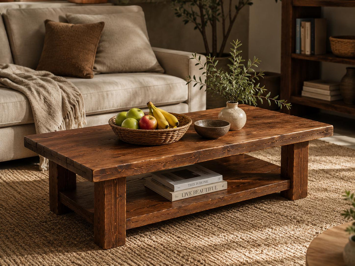 Handmade rustic coffee table in solid cedar, farmhouse living room centrepiece