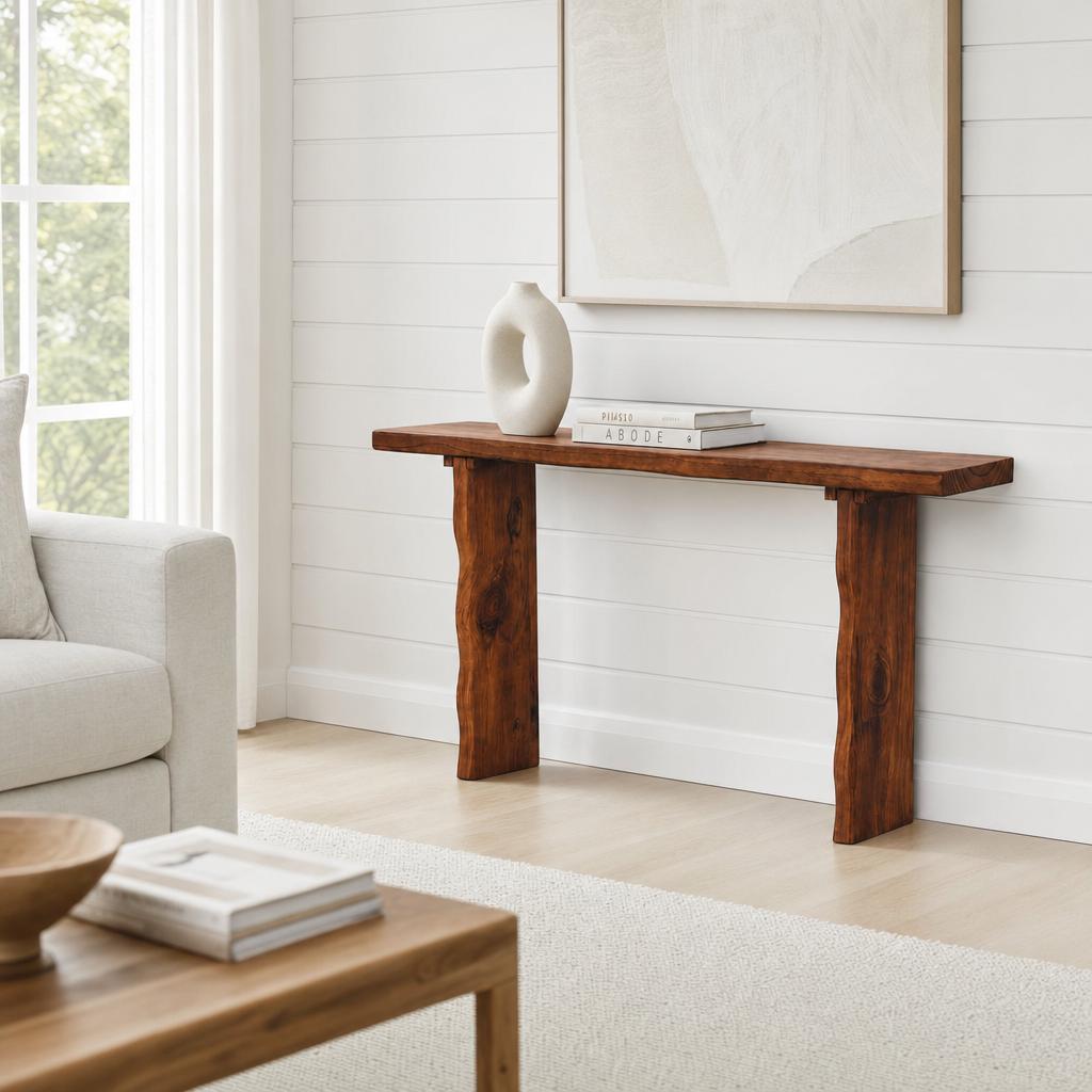 Cedar console table styled in a bright living room