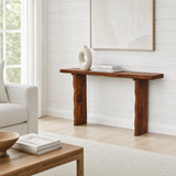 Cedar console table styled in a bright living room