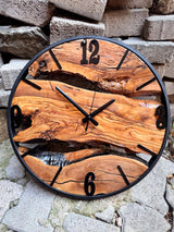 Large live edge olive wood wall clock, a handcrafted natural wood timepiece with unique grain patterns
