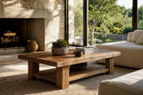 Live edge cedar coffee table styled in a cosy living room