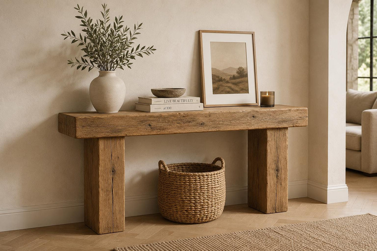 Close-up of reclaimed solid wood grain showing natural knots and character