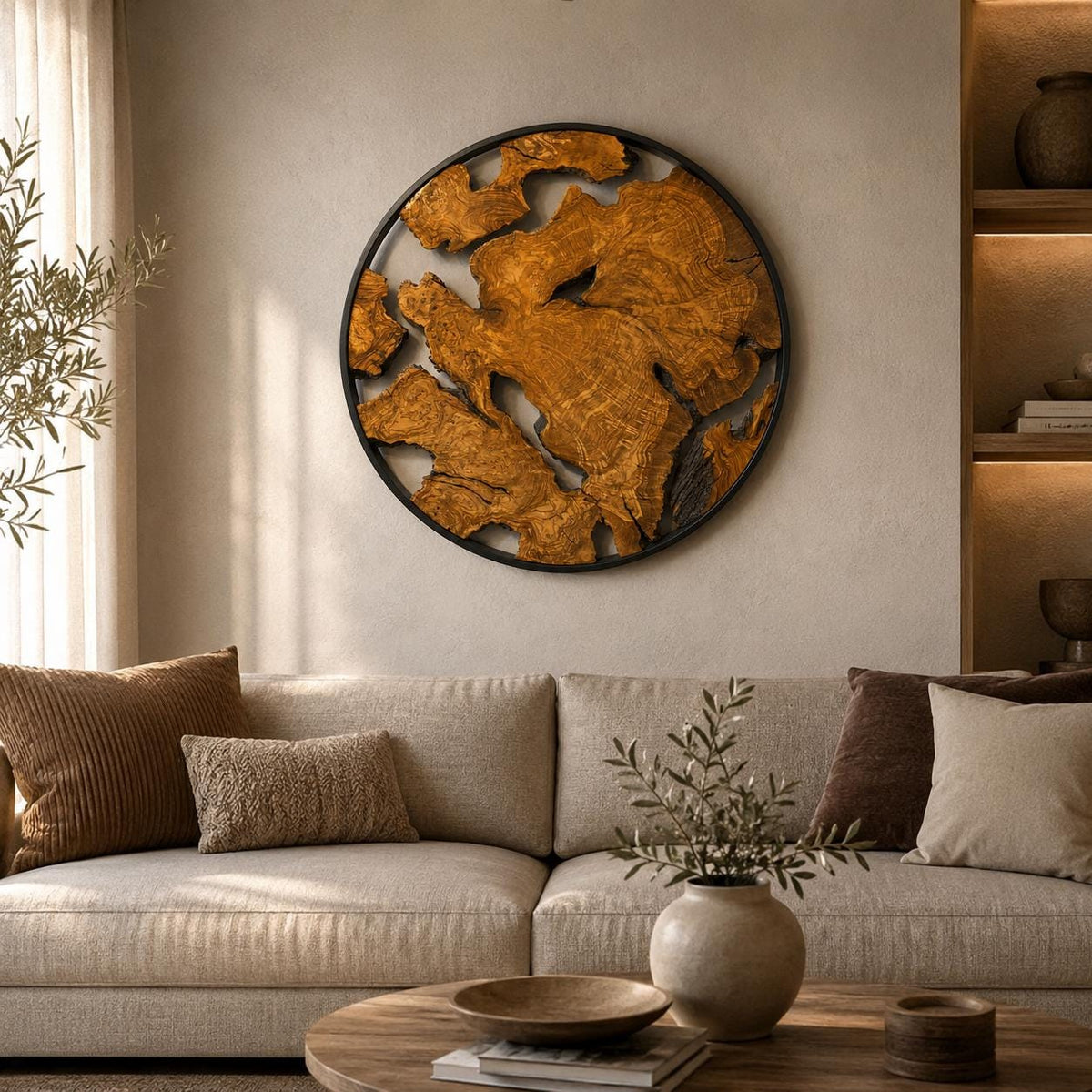 Olive wood wall hanging in a bright modern living room above a sofa