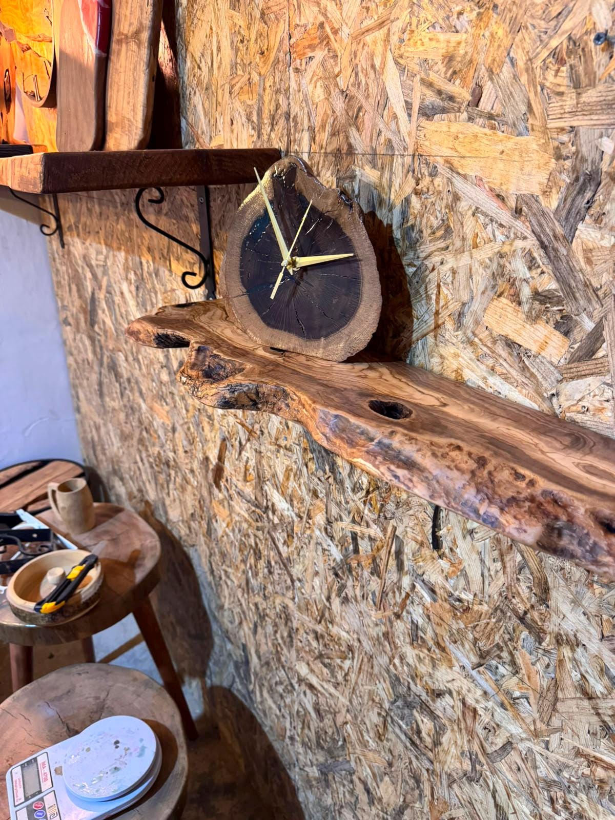 Olive wood shelf in a bathroom