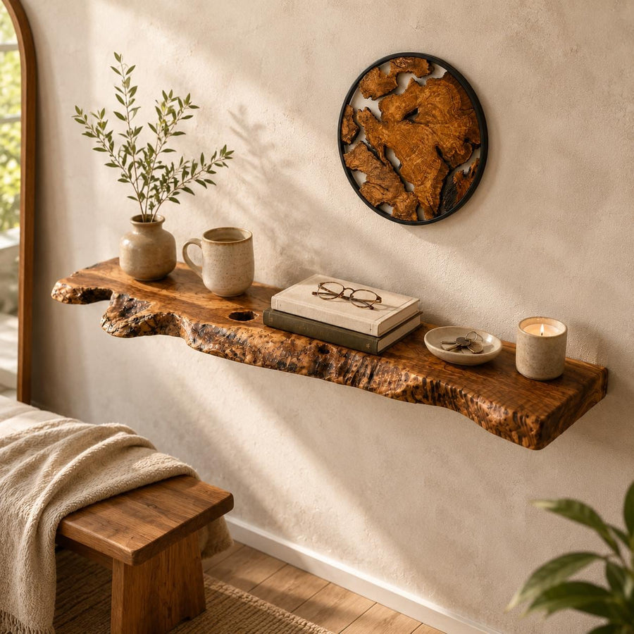 Reclaimed olive wood floating shelf with live edge, mounted on a wall