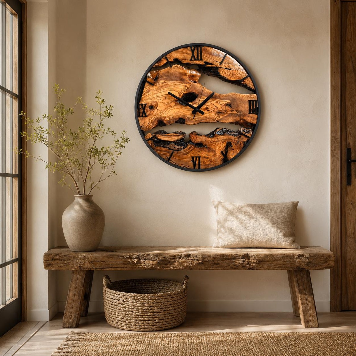 Olive wood clock with live edge bark detail and minimalist clock hands