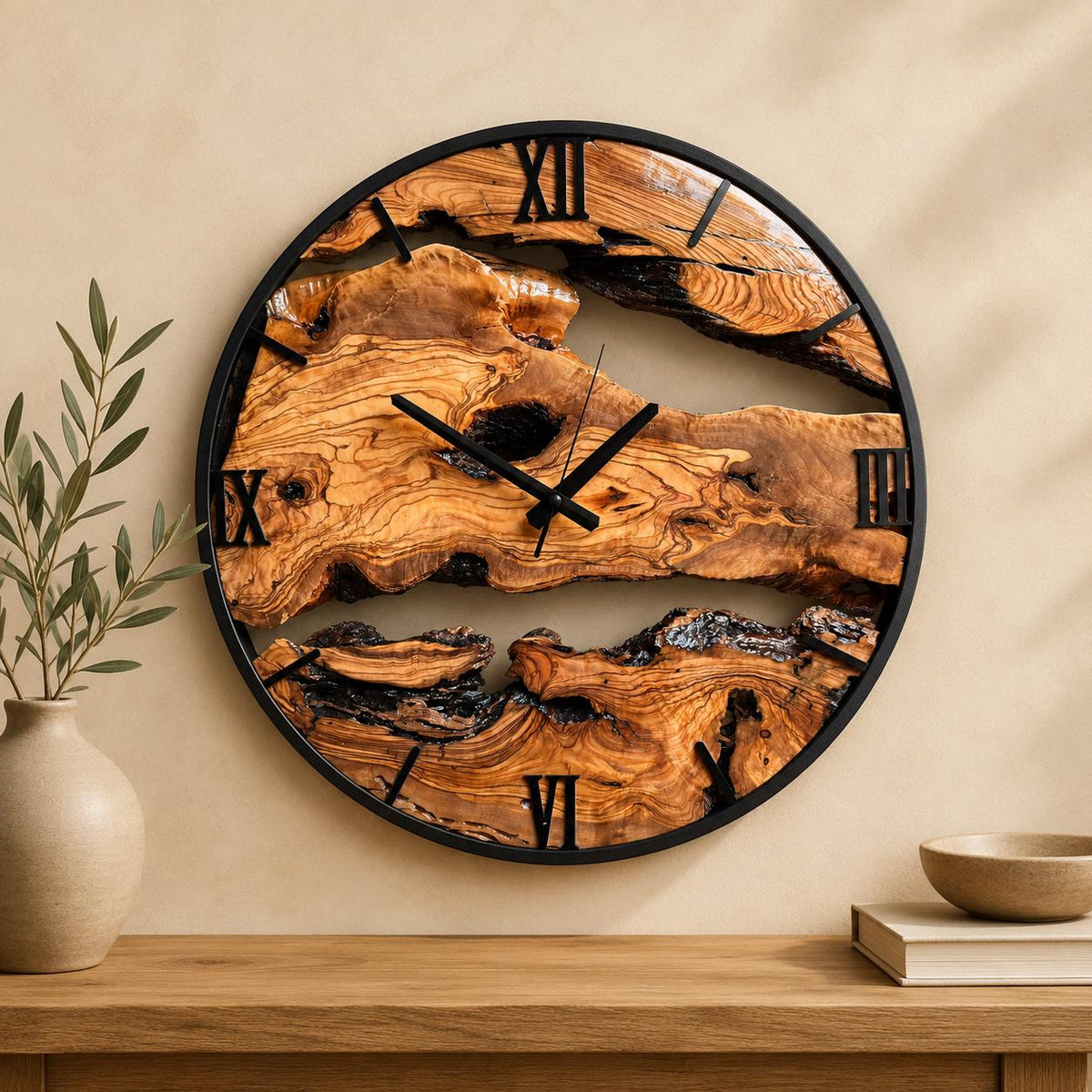 Rustic wooden wall clock with live edge detail styled in a cosy living room