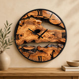 Rustic wooden wall clock with live edge detail styled in a cosy living room