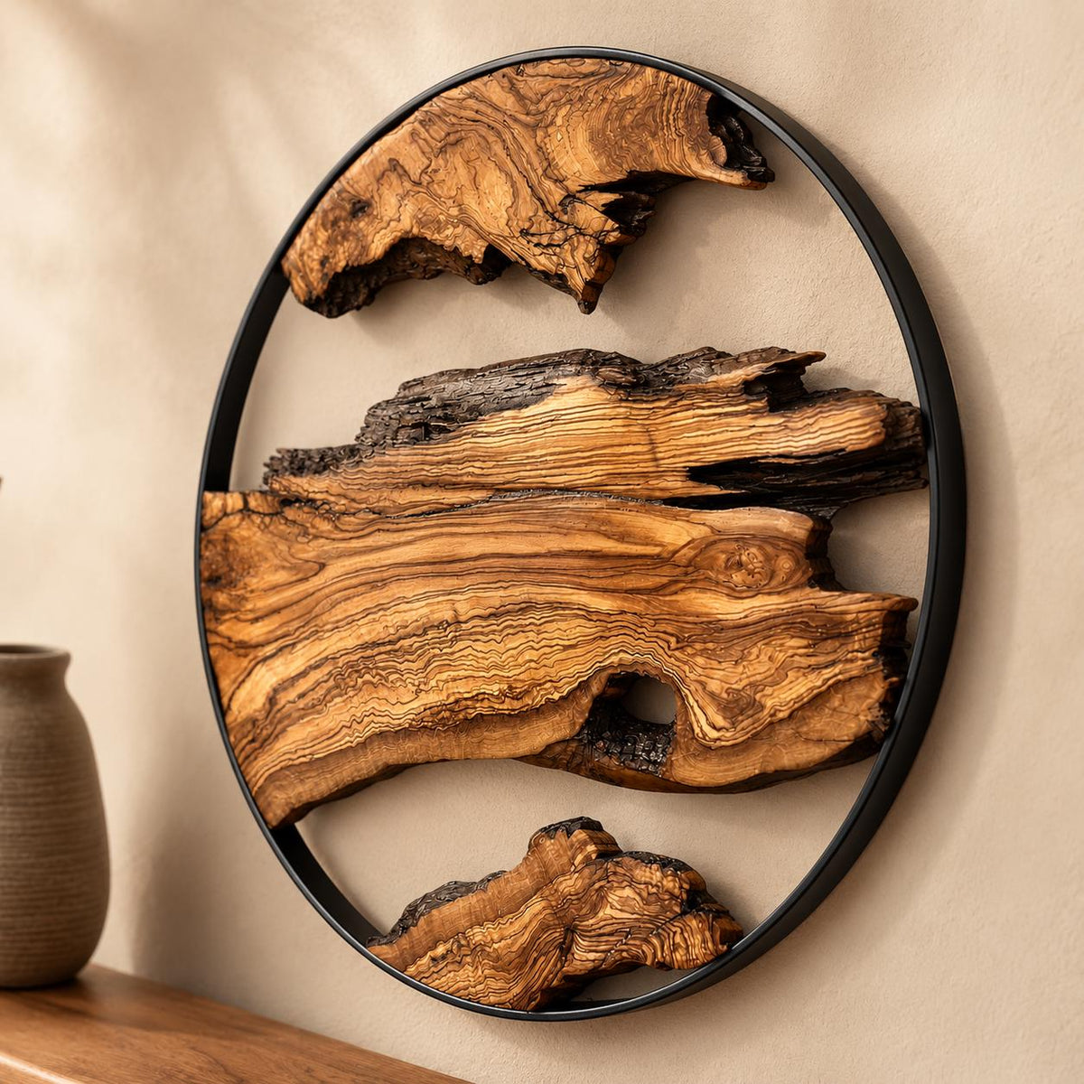 Live edge olive wood decor in a farmhouse bedroom