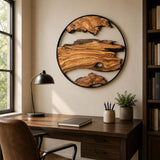 Natural wood wall art styled on a dining room wall