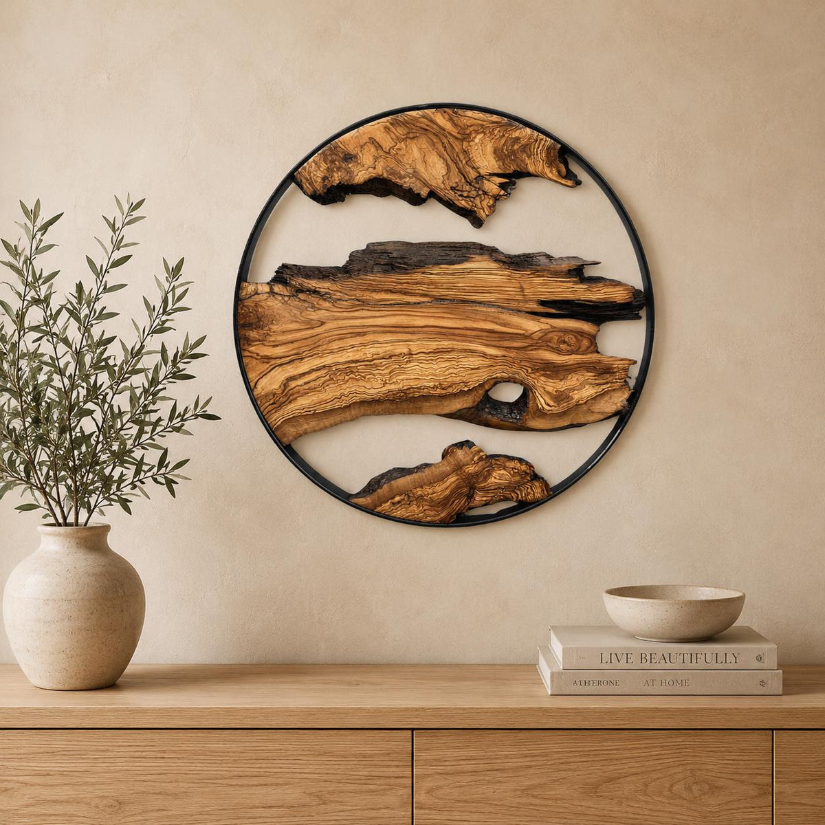 Back of the wall hanging showing hanging hardware and the finished olive wood