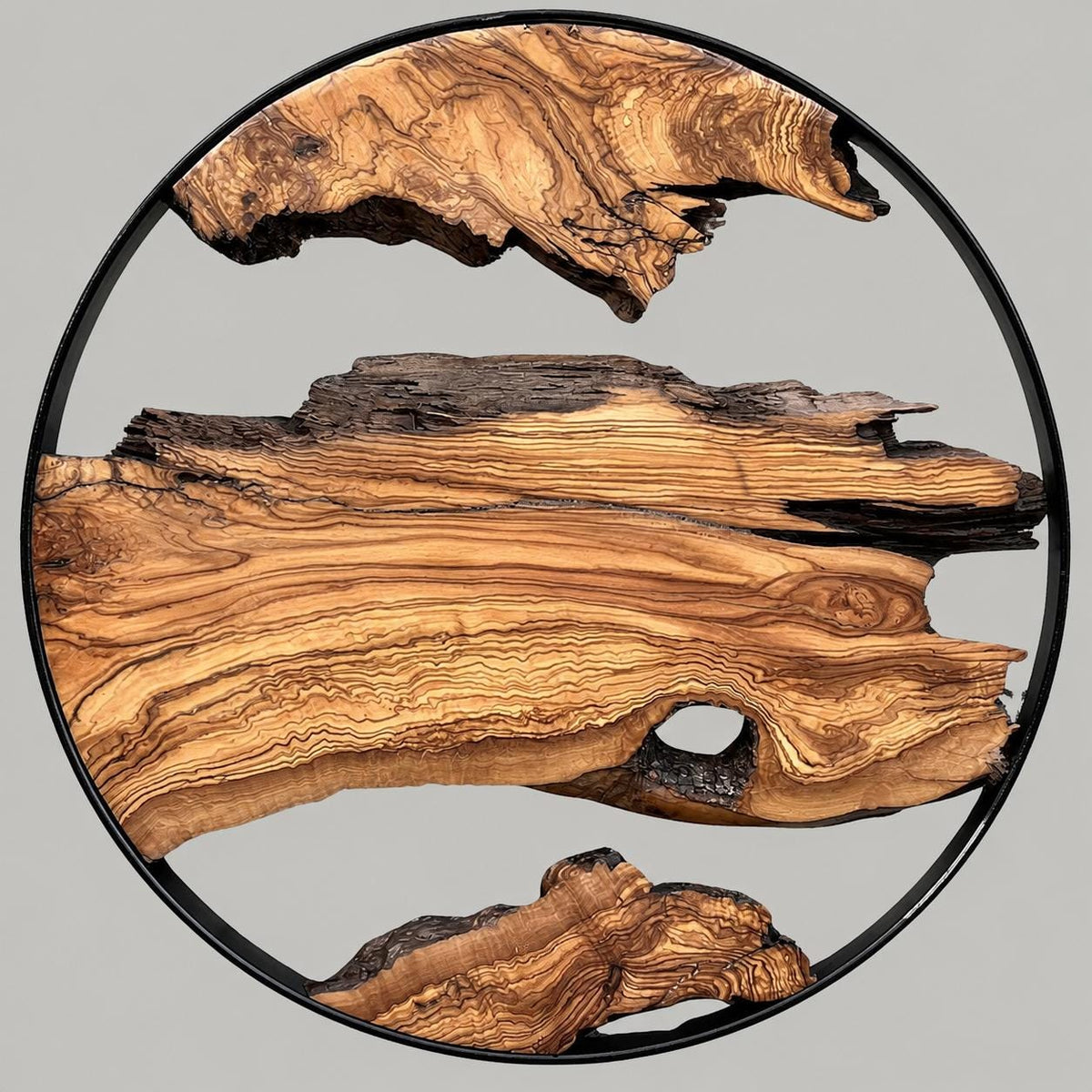 Close-up of the live edge wood slab showing rich grain texture and organic contours