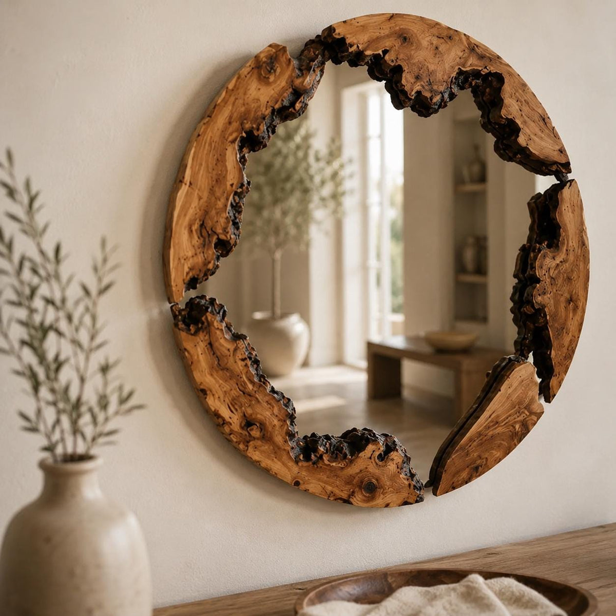 Olive wood mirror in a bathroom with linen towels