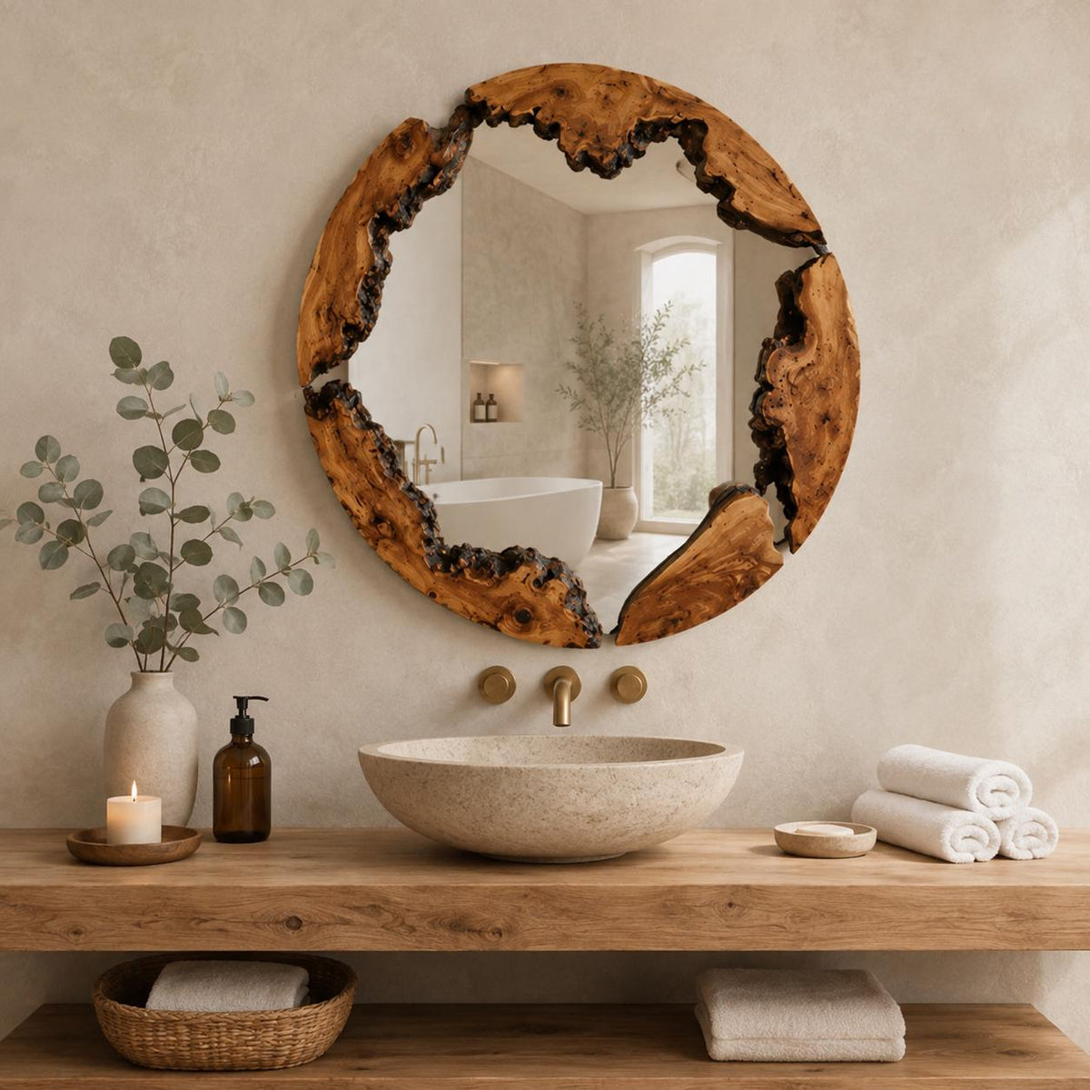 Mirror above an entry console with vase and candles