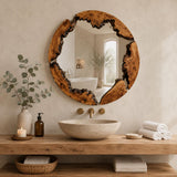 Mirror above an entry console with vase and candles