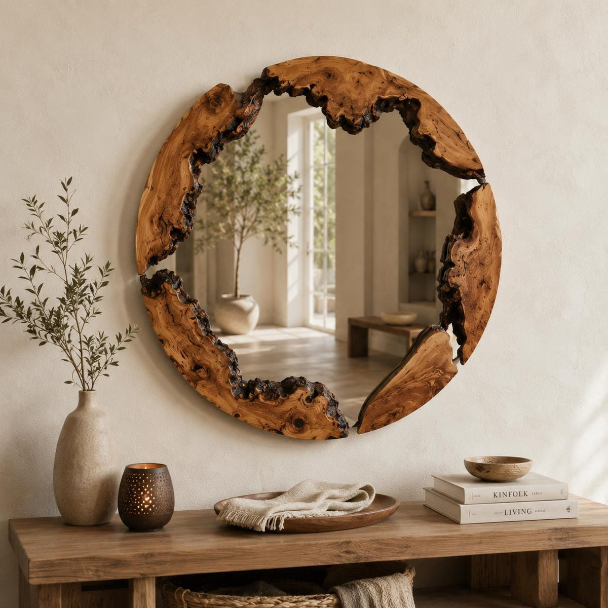 Handmade olive wood round wall mirror with a live edge frame