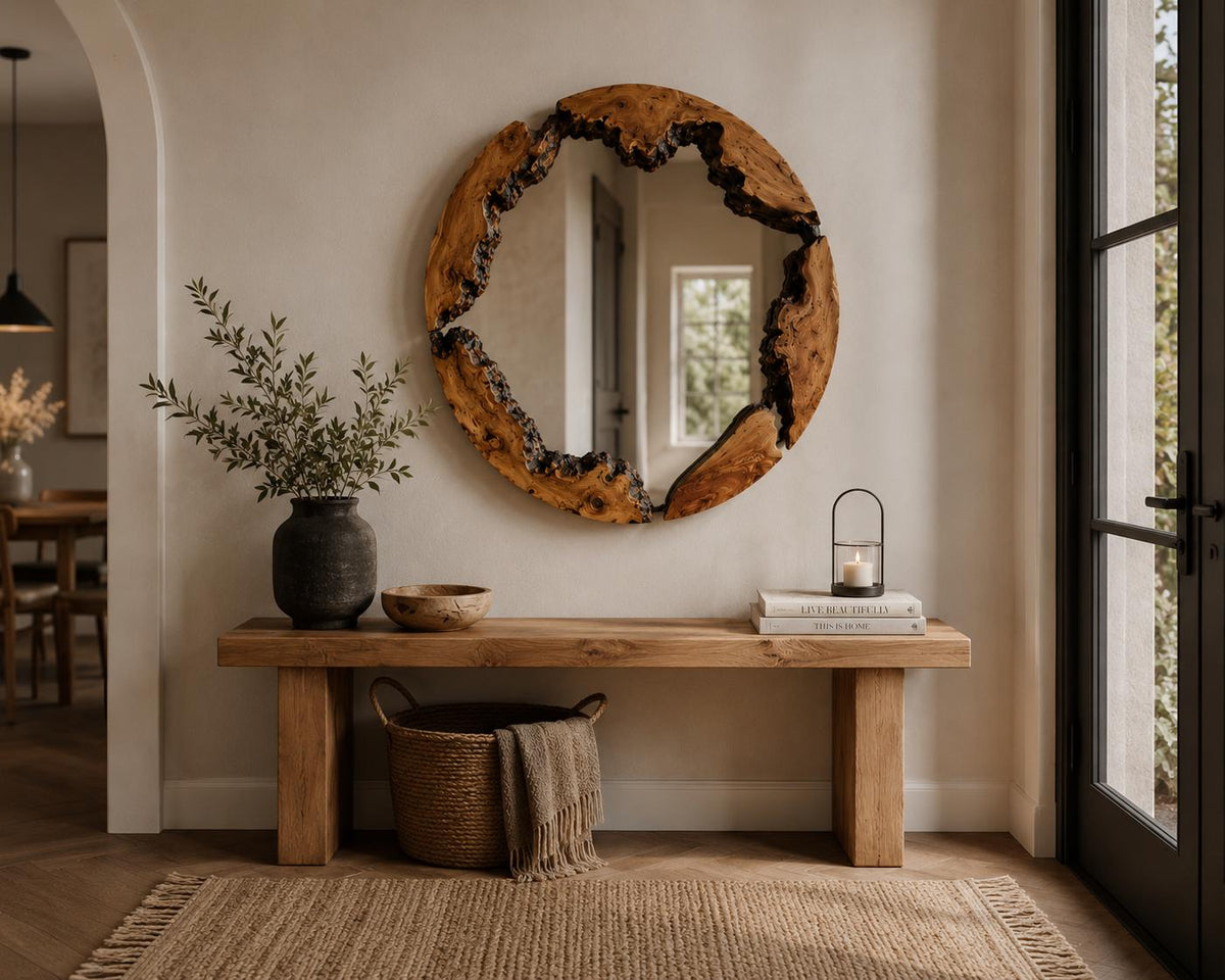 Large round olive wood mirror on a white shiplap wall