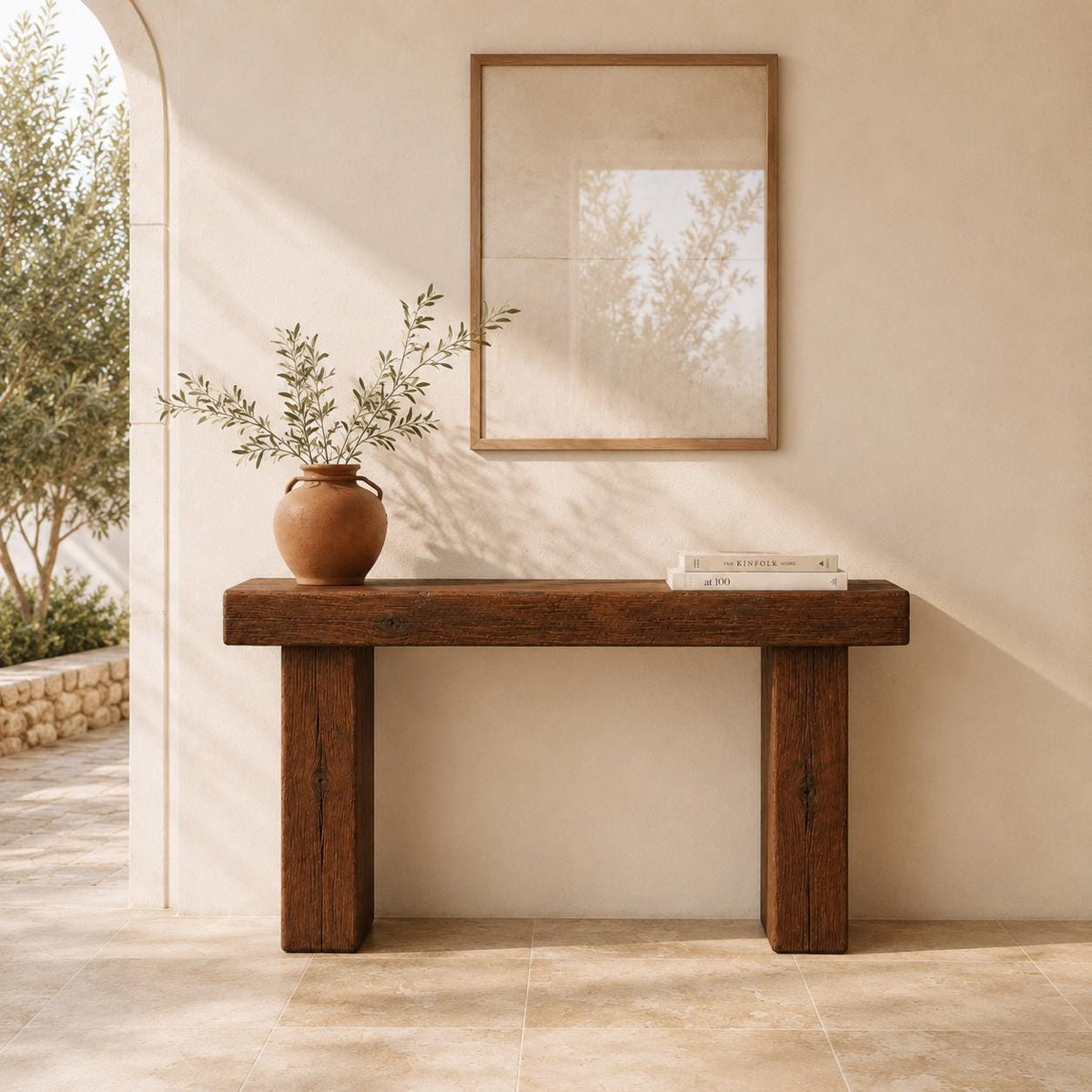 Top-down view of the reclaimed wood surface with natural imperfections and warm tones