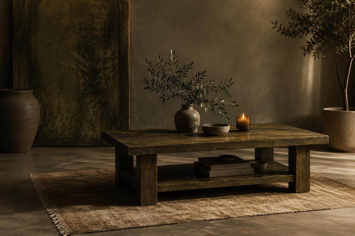 Coffee table and end table shown together in matching finish