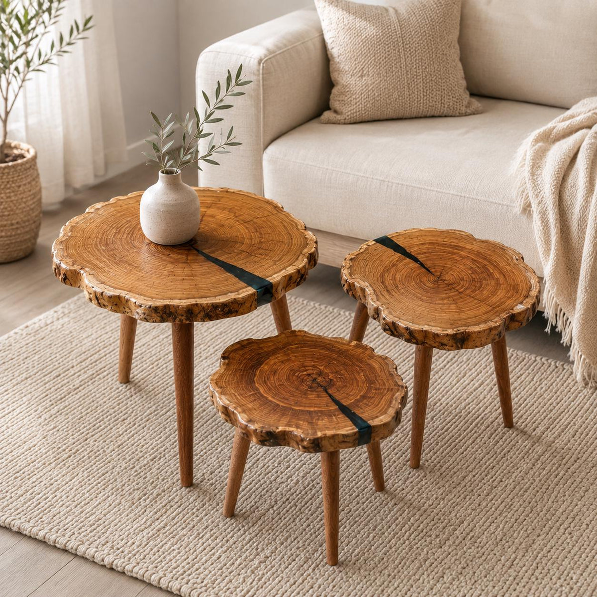 Three olive wood epoxy resin coffee tables in different sizes