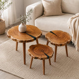 Three olive wood epoxy resin coffee tables in different sizes