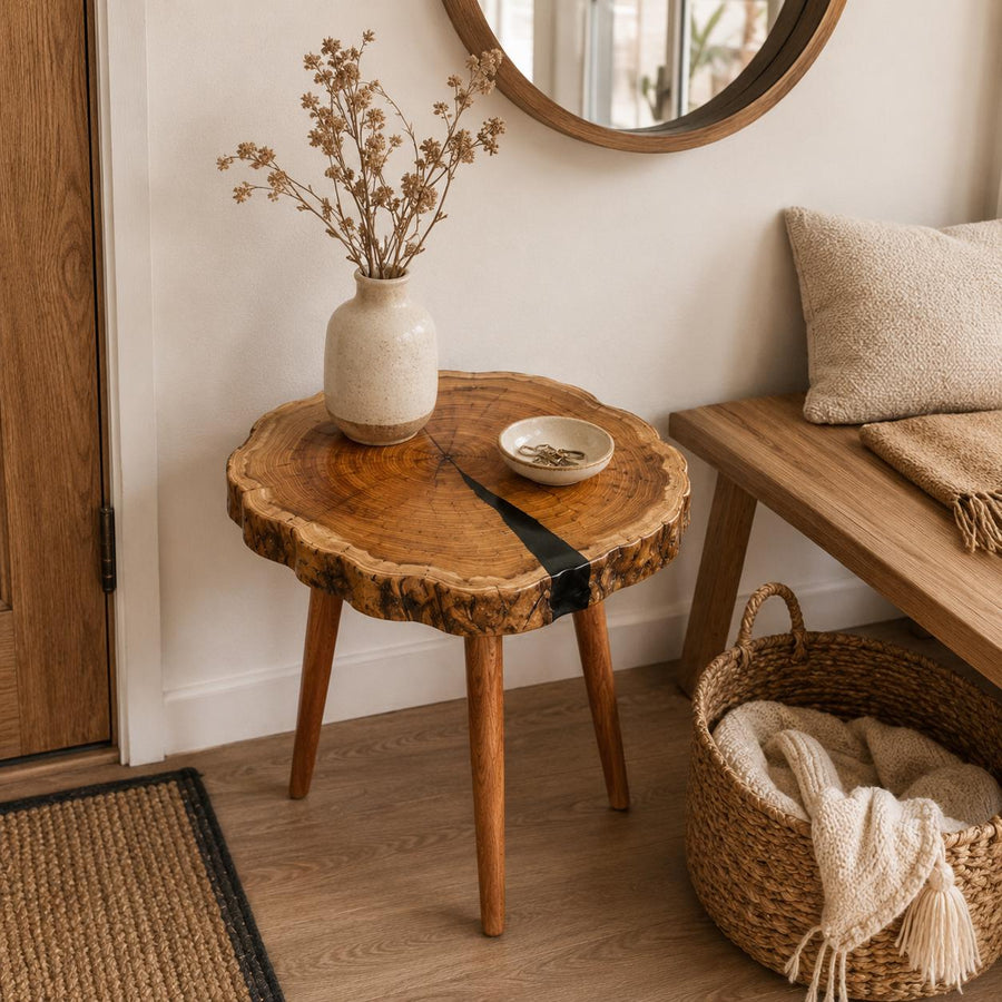 Handmade olive wood epoxy resin coffee table with live edge showing natural grain