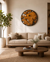 Olive wood art piece centred on a neutral bedroom wall