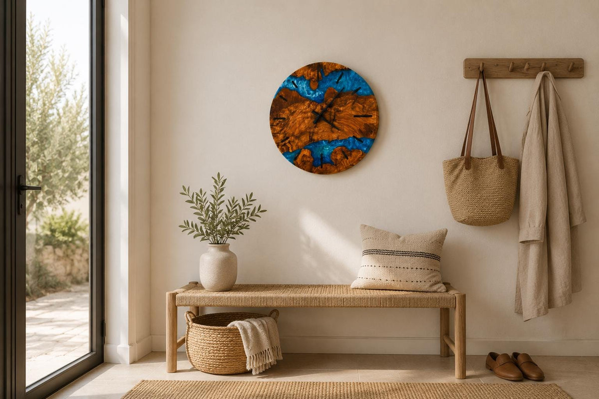 Blue resin clock with a swirling ocean wave pattern