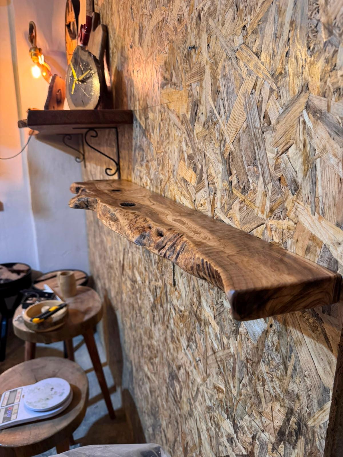 Live edge detail of olive wood shelf