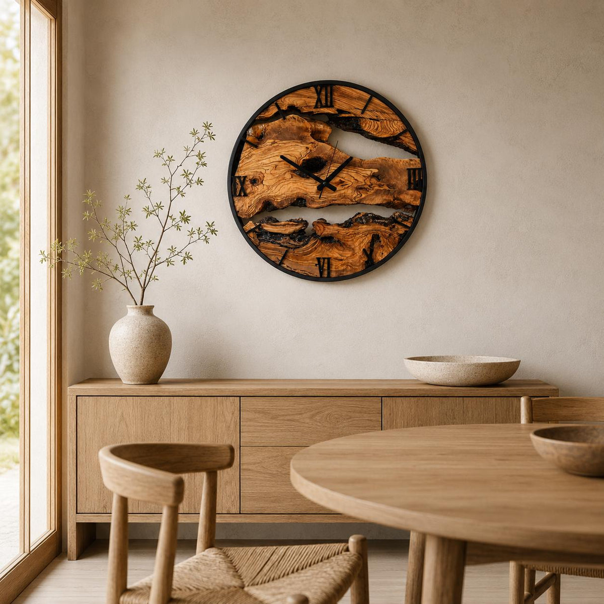 Live edge olive wood wall clock leaning against a brick wall