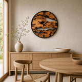 Live edge olive wood wall clock leaning against a brick wall
