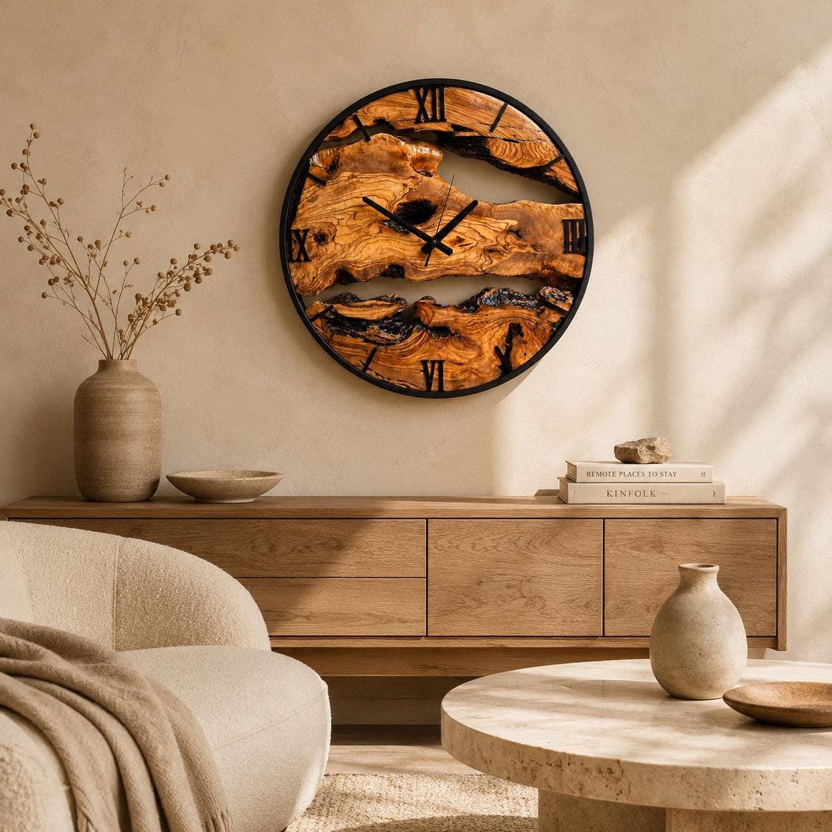 Close-up of the olive wood clock face revealing deep natural grain patterns