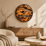 Close-up of the olive wood clock face revealing deep natural grain patterns