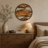 Natural olive wood wall decor in a cosy living room as a focal point