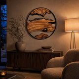 Round wooden wall hanging against a white wall, showing the warm wood tones