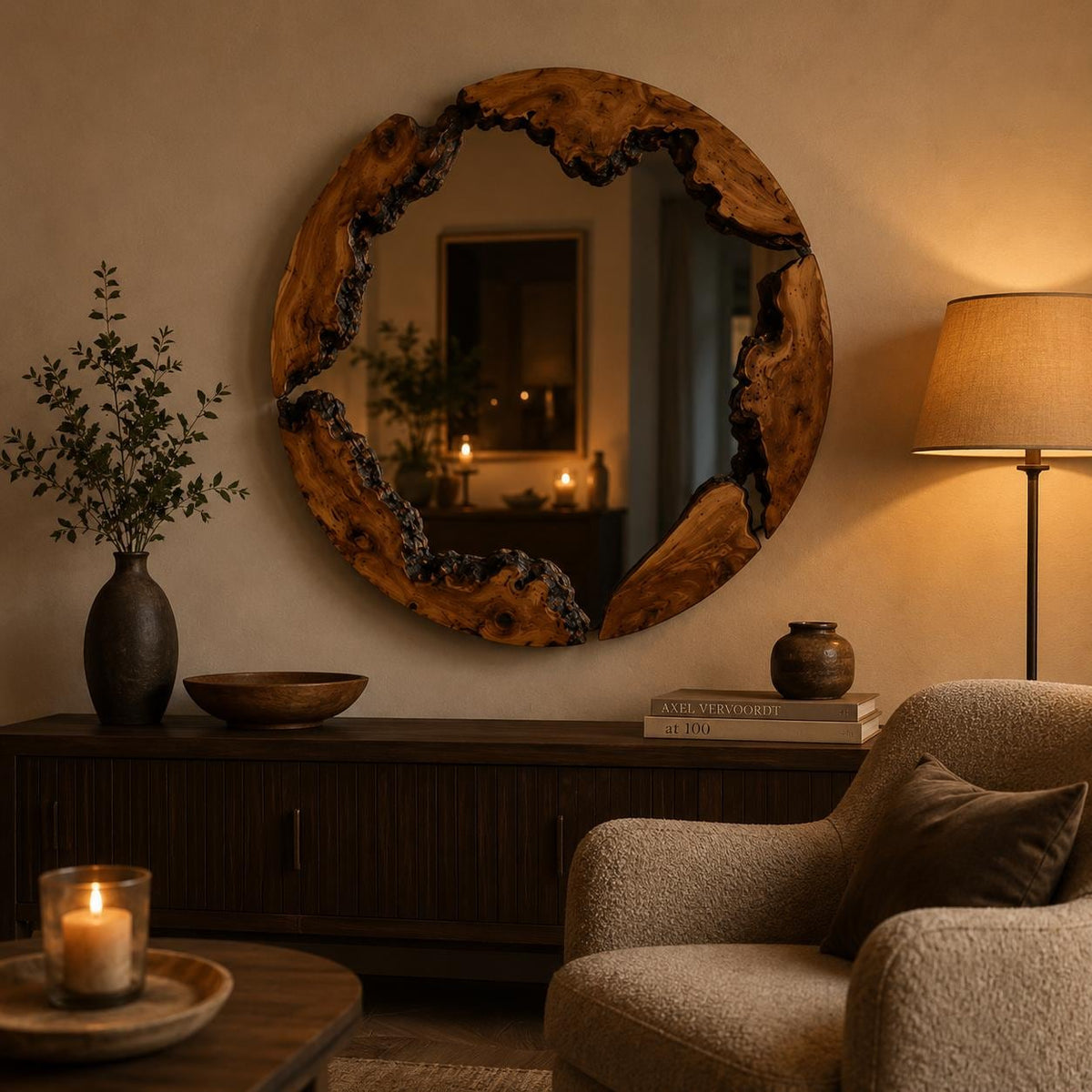 Olive wood mirror leaning on an entry console