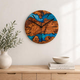 Round live edge olive wood and blue epoxy wall clock